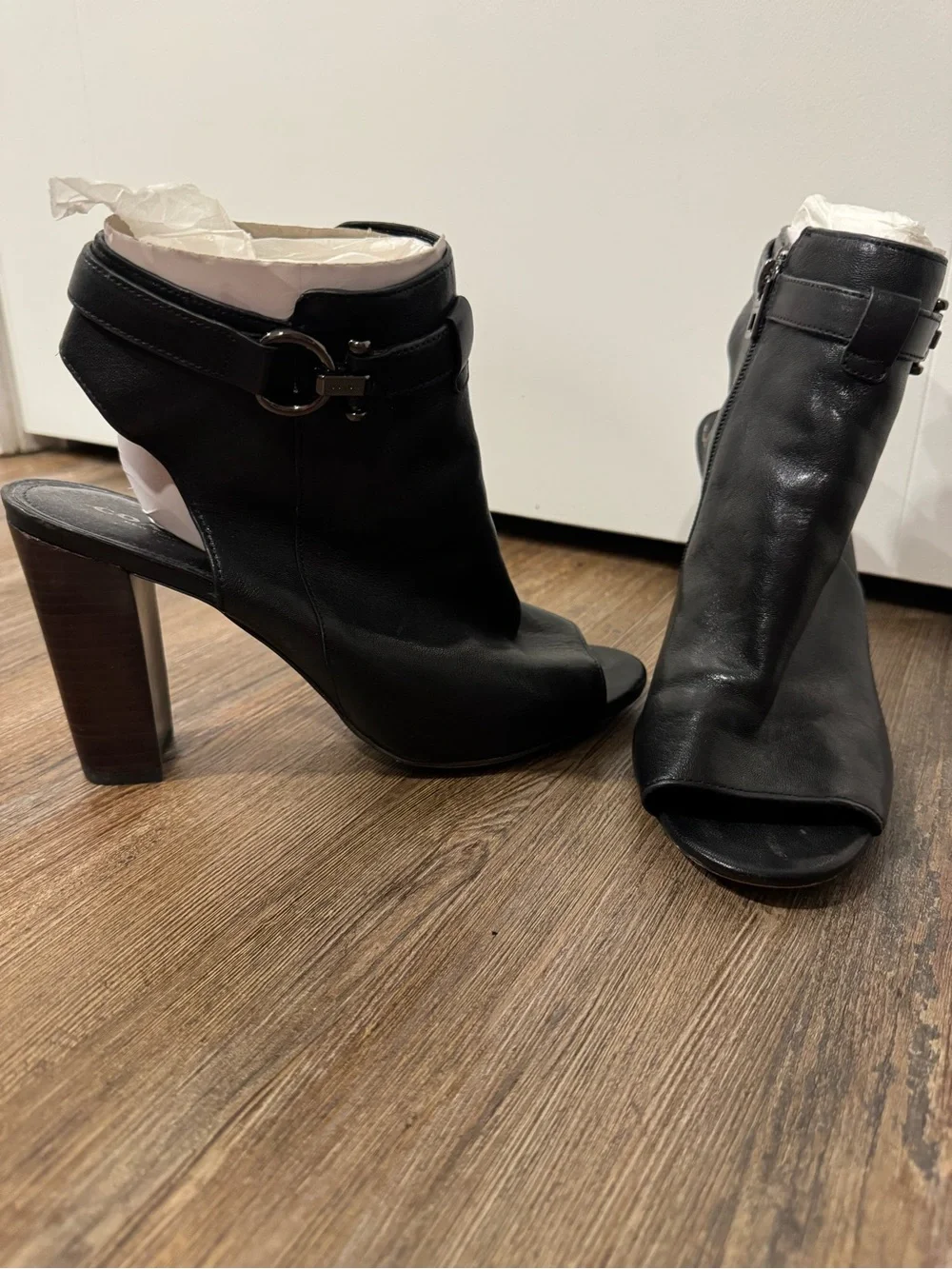 Coach Black Leather Open-Toe Ankle Booties with Buckle